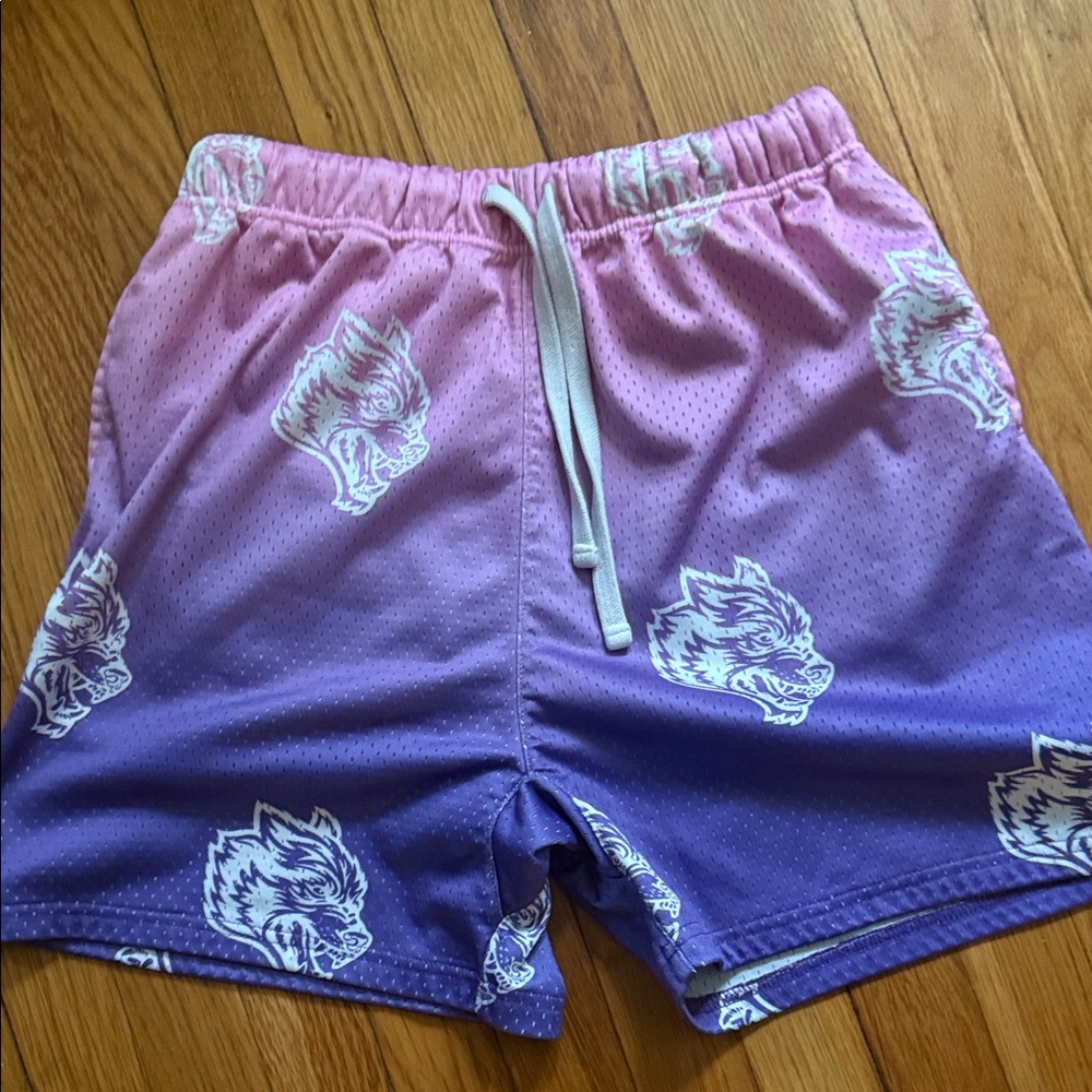 Darc Sport Pink to Purple Ombre Athletic Shorts with White Wolf Prints